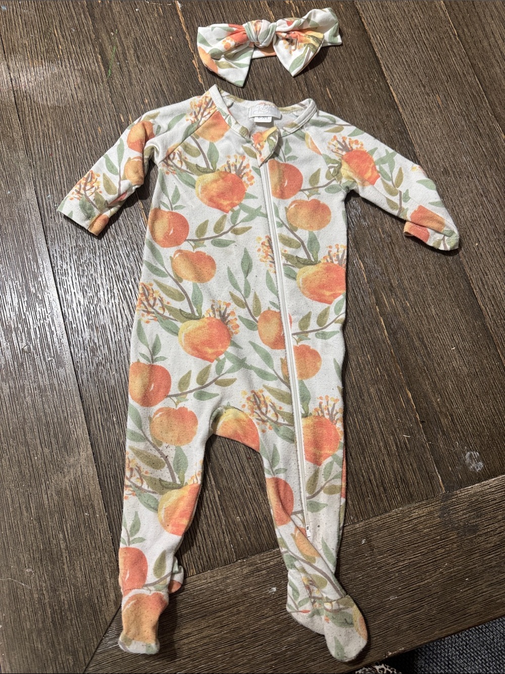 Toby Baby Peach Floral Footed Sleeper w/ Matching Bow Headband 6-9M